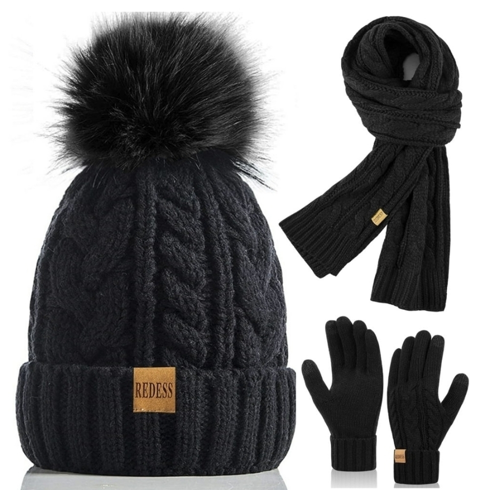 Black Knit Hat Glove & Scarf Set